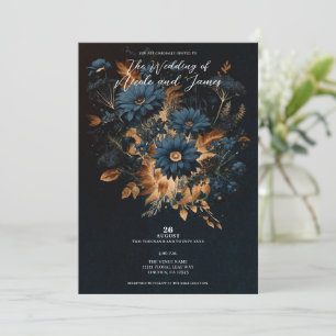 Mörk Navy Blue & Guld Rustic Glam Boho Bröllop Inbjudningar