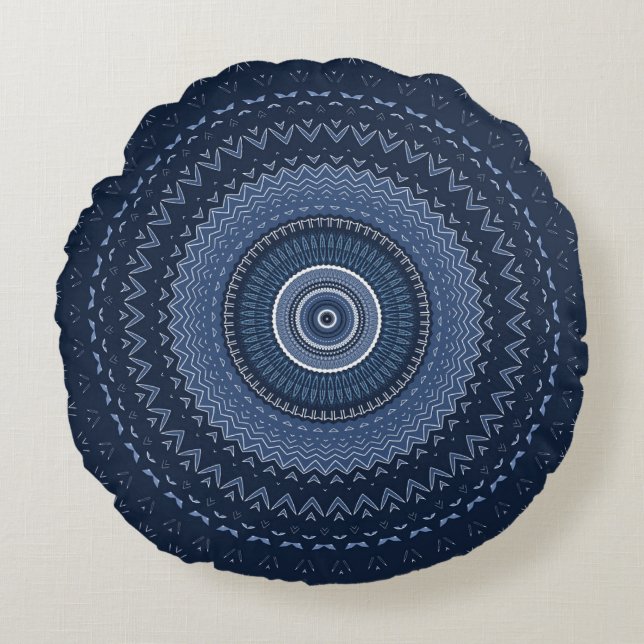 Mörk Navy Blue Mandala  Rund Kudde (Framsidan)