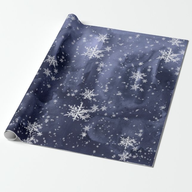 Mörk Navy Blue Night Himmel Fresh Fallen Snöflingo Presentpapper (Utrullad)