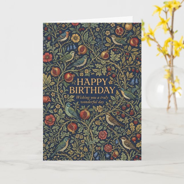 Mörk Navy Botaniska Fåglar Blommig Glad Födelsedag Kort (Gul blomma)