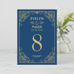 Mörk Navy Guld Art Deco Bröllops Bord Nummer Inbjudningar