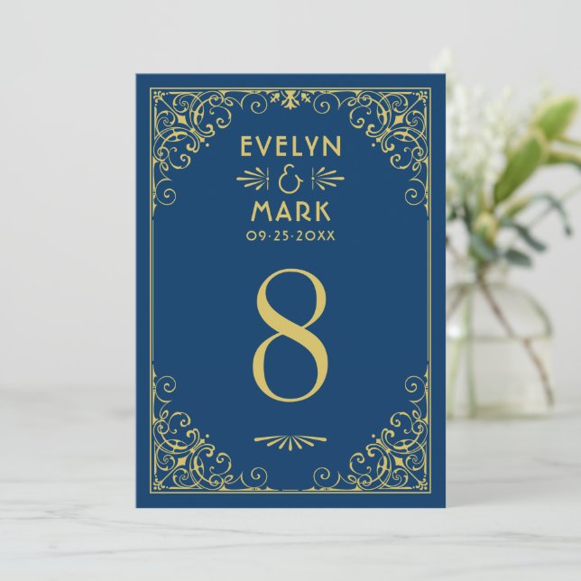 Mörk Navy Guld Art Deco Bröllops Bord Nummer Inbjudningar (Stående Fram)