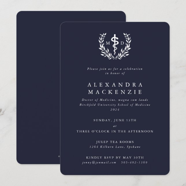 Mörk Navy MD Asclepius + Laurel Wand Studenten Inbjudningar (Fram/baksida)