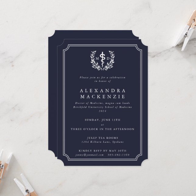 Mörk Navy MD Asclepius + Laurel Wand Studenten Inbjudningar (Fram/Back In Situ)