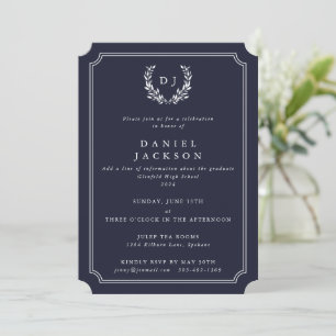 Mörk Navy Monogram Laurel Wand Studenten Inbjudningar