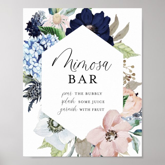 Mörk Navy och Blush Blommig Ram Mimosa Bar Poster (Framsidan)