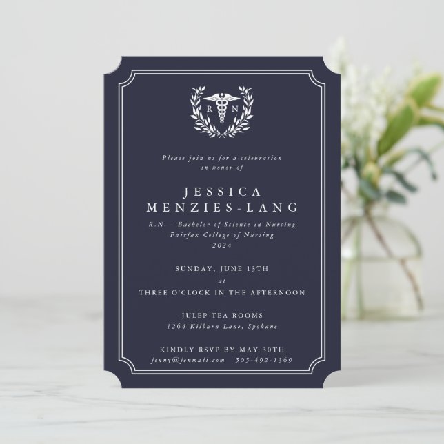 Mörk Navy Regified Nurse Caduceus+Laurel Wand Inbjudningar (Stående Fram)