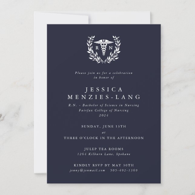 Mörk Navy Regified Nurse Caduceus+Laurel Wand Inbjudningar (Framsida)