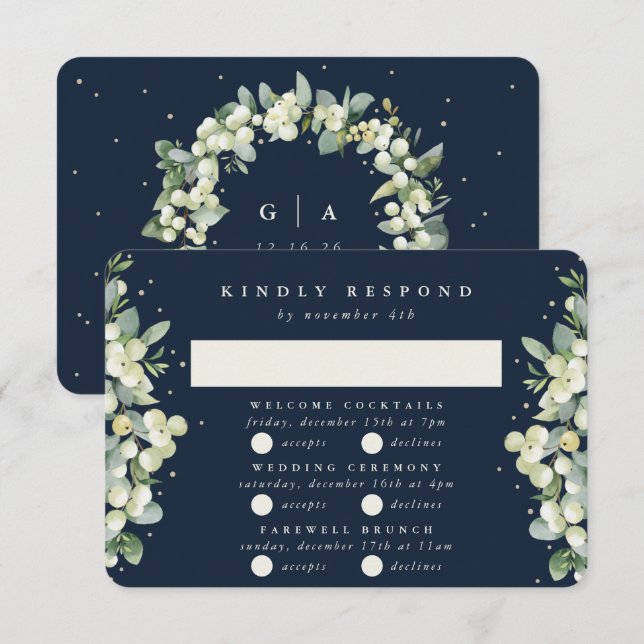 Mörk Navy Snowberry+Eucalyptus Bröllop Multi-Event OSA Kort (Fram/baksida)