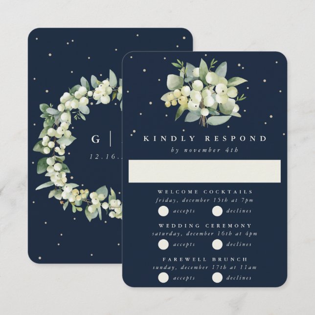 Mörk Navy Snowberry+Eucalyptus Bröllop Multi-Event OSA Kort (Fram/baksida)