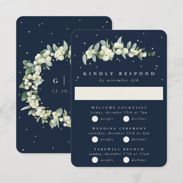 Mörk Navy Snowberry+Eucalyptus Bröllop Multi-Event OSA Kort (Fram/baksida)