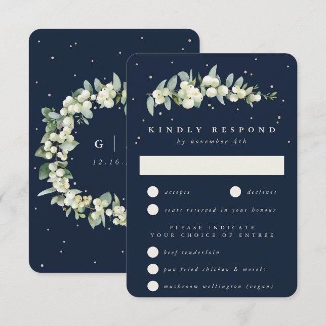 Mörk Navy Snowberry+Eucalyptus Stem Bröllop OSA Kort (Fram/baksida)