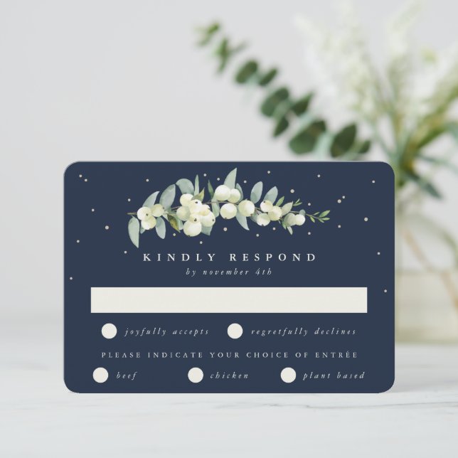 Mörk Navy Snowberry+Eucalyptus Stem Winter Wedding OSA Kort (Stående Fram)