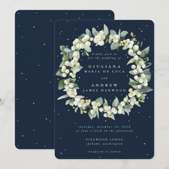Mörk Navy Snowberry+Eucalyptus WAN Bröllop Inbjudningar (Fram/baksida)