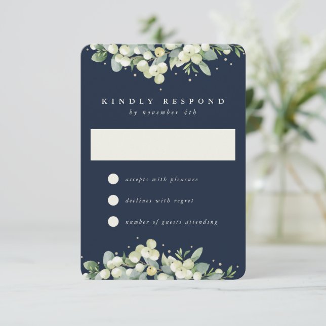 Mörk Navy Snowberry+Eucalyptus Winter Wedding OSA Kort (Stående Fram)
