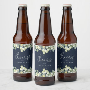 Mörk Navy Snowberry+Eukalyptus Vinter Henparty Ölflaska Etikett
