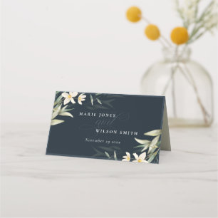 Mörk Navy White Greenery Blommigt Bunch Bröllop Placeringskort