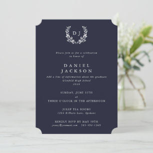 Mörk Navy+White Monogram Laurel Wand Studenten Inbjudningar