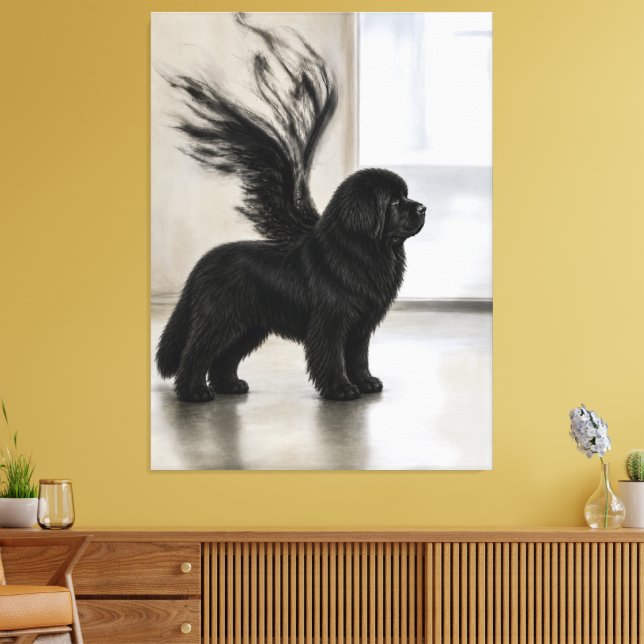 Mörk Newfoundlandshund Minnesängel Canvastryck (Insitu (Vardagsrum))