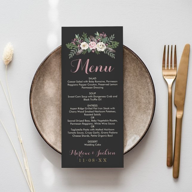 Mörk och dyster rosa blommig boho bröllop meny (Skapare uppladdad)