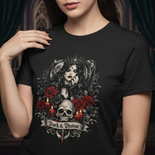 Mörk och gudomlig gotisk dödskalle och rosor t shirt