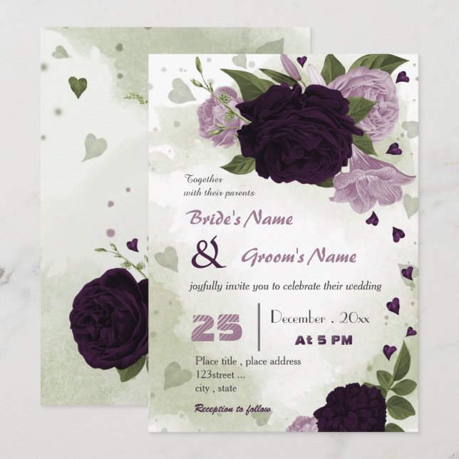 mörk och lätt lila blommor greenery bröllop inbjudningar (Fram/baksida)