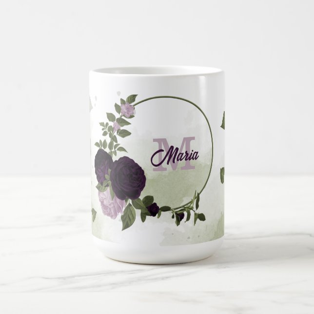 mörk och lätt lila blommor greenery monogram kaffemugg (Center)