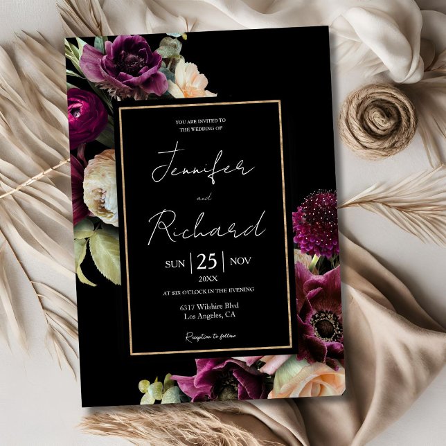 Mörk och Moody Lila Bloom Black Bröllop Inbjudningar (Skapare uppladdad)