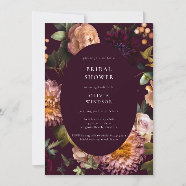 Mörk och Moody Möhippa för Burgundy-Blommigt Inbjudningar (Framsida)