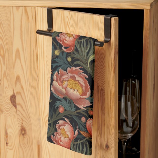 Mörk och Moody Orange Peony Flowers Kökshandduk (Thirds Fold)