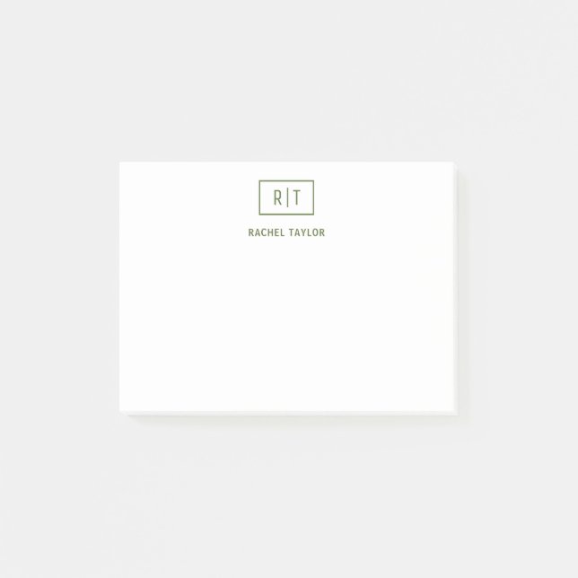 Mörk Olivgrön Enkel Modern Monogram Post-it Block (Framsida)