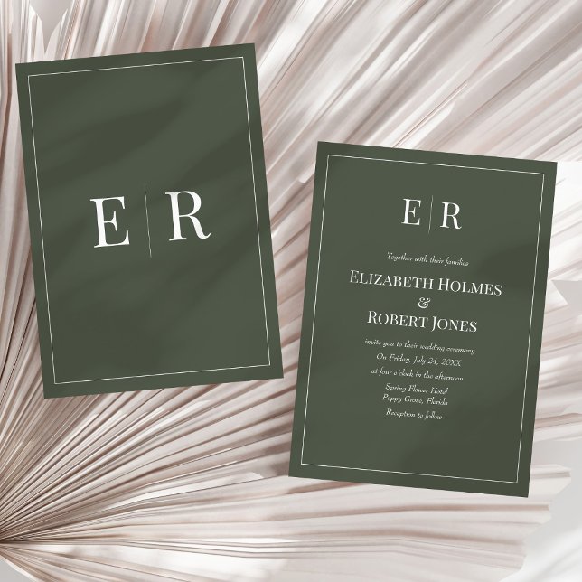 Mörk Olivgrön Minimalistisk Monogram Icke-Foto Brö Inbjudningar (Dark Olive Minimalist Monogram Non Photo Wedding Invitation on a sunny neutral dry palm leaf.)