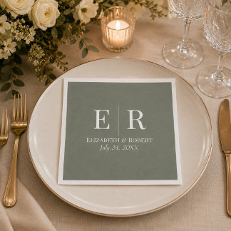 Mörk Olivgrön Monogram Bröllopsservett Pappersservett