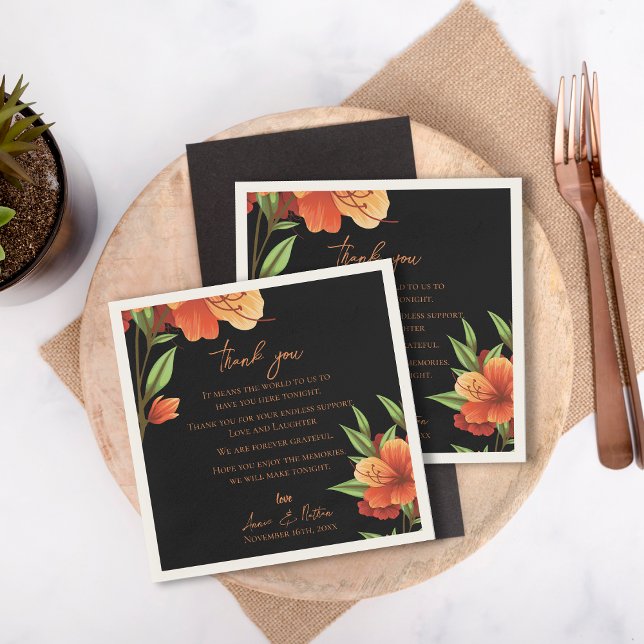 Mörk Orange Blommigt Bröllop tackmeddelande Pappersservett (Dark Orange Floral Wedding Thank you Message Napkins)