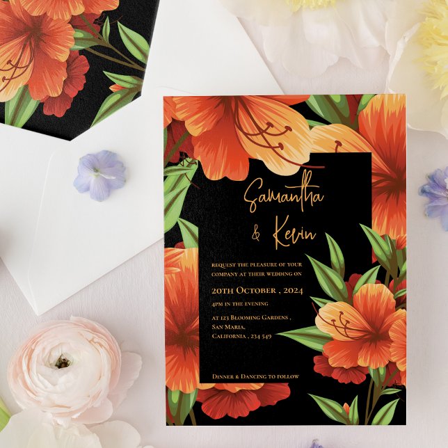 Mörk Orange för Moody Elegant Blommigt Bröllop Inbjudningar (Dark Moody Elegant Orange Floral Wedding Invitation)