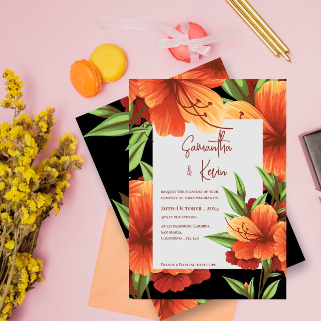 Mörk Orange för Moody Elegant Blommigt Bröllop Inbjudningar (Dark Moody Elegant Orange Floral Wedding Invitation)