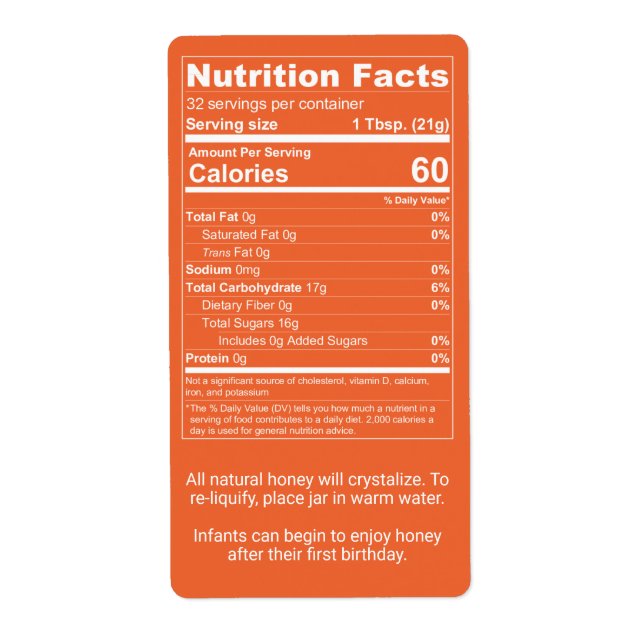 Mörk Orange Honung Nutrition Facts Product Fraktsedel (Framsidan)