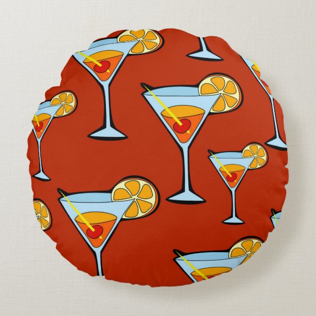 Mörk Orange Martini Cocktail Mönster Rund Kudde (Framsidan)