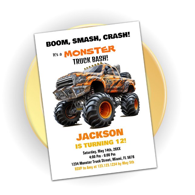 Mörk Orange Monster Lastbil födelsedagsinbjudan Inbjudningar (Dark Orange Monster Truck Birthday Invitations)