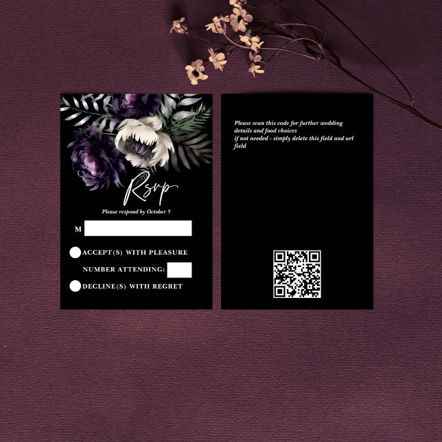 Mörk OSA kort för moody lilor (Dark moody purple peonies wedding RSVP card gothic wedding rsvp modern qr rsvp)