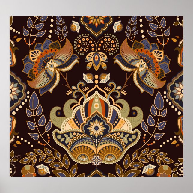 Mörk Paisley: Blommigt indisk sömlös. Poster (Framsidan)