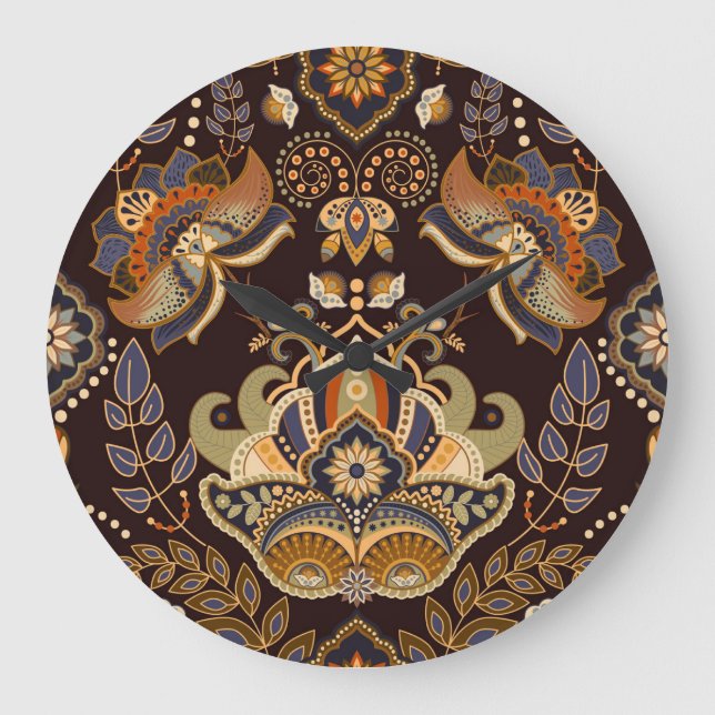 Mörk Paisley: Blommigt indisk sömlös. Stor Klocka (Framsida)