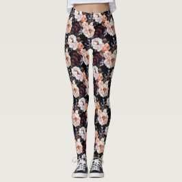 Mörk Peonies Blommönster Leggings