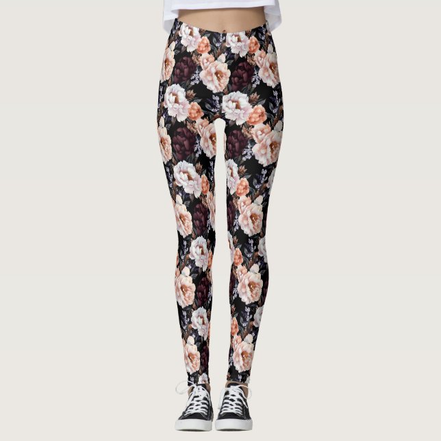 Mörk Peonies Blommönster Leggings (Framsida)