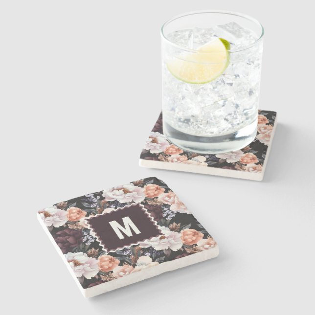 Mörk Peonies Blommönster | Monogram Stenunderlägg (Sidan)
