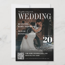 Mörk Photo Magazine QR Code Elegant Boho Bröllop Inbjudningar