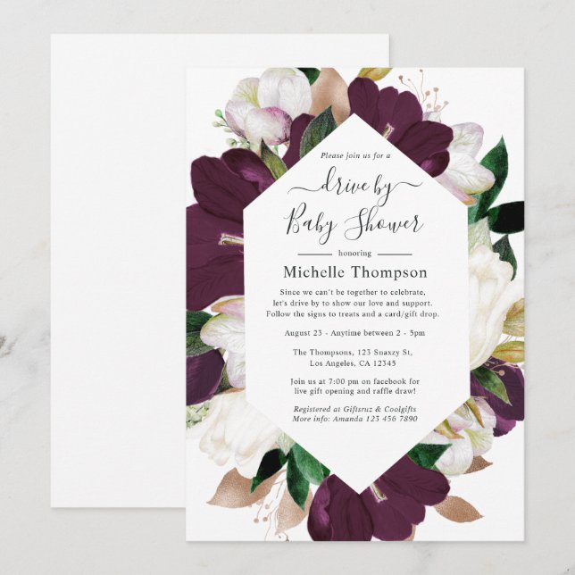 Mörk plommon och vit Vår-Blommigt med skugga Inbjudningar (Fram/baksida)