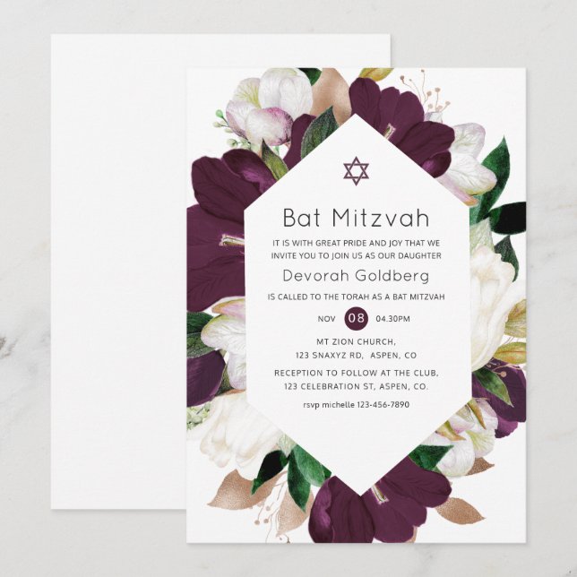 Mörk Plommon Sammet och Vit Blommig Bat Mitzvah Inbjudningar (Fram/baksida)