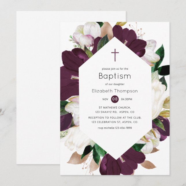 Mörk Plommon Sammet och Vita Blommor Dop Inbjudningar (Fram/baksida)