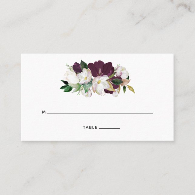 Mörk Plommon Sammet och Vita Blommor Placeringskort (Framsida)